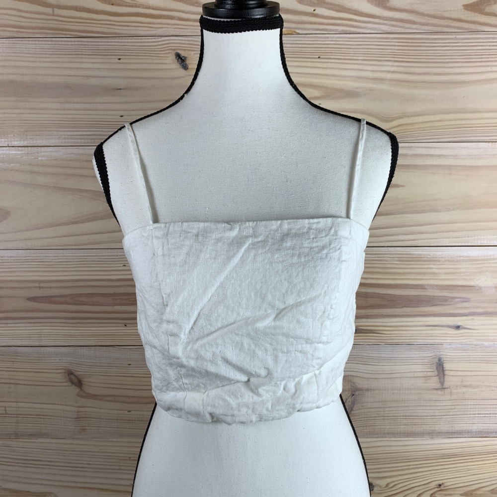 Yaly‎ Couture Linen Top Womens Small White Crop Square Neck Zipper Chic Lux